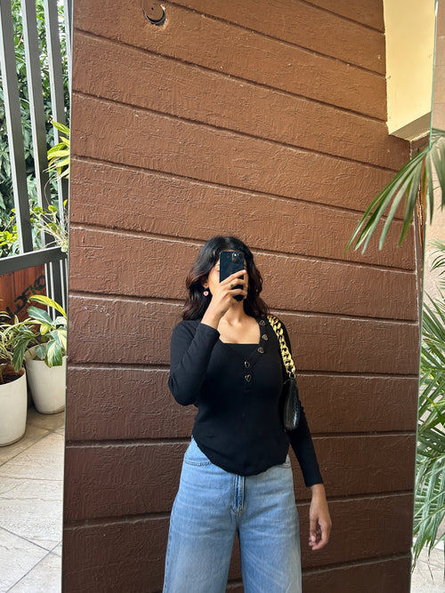 Black Hearts Button Top