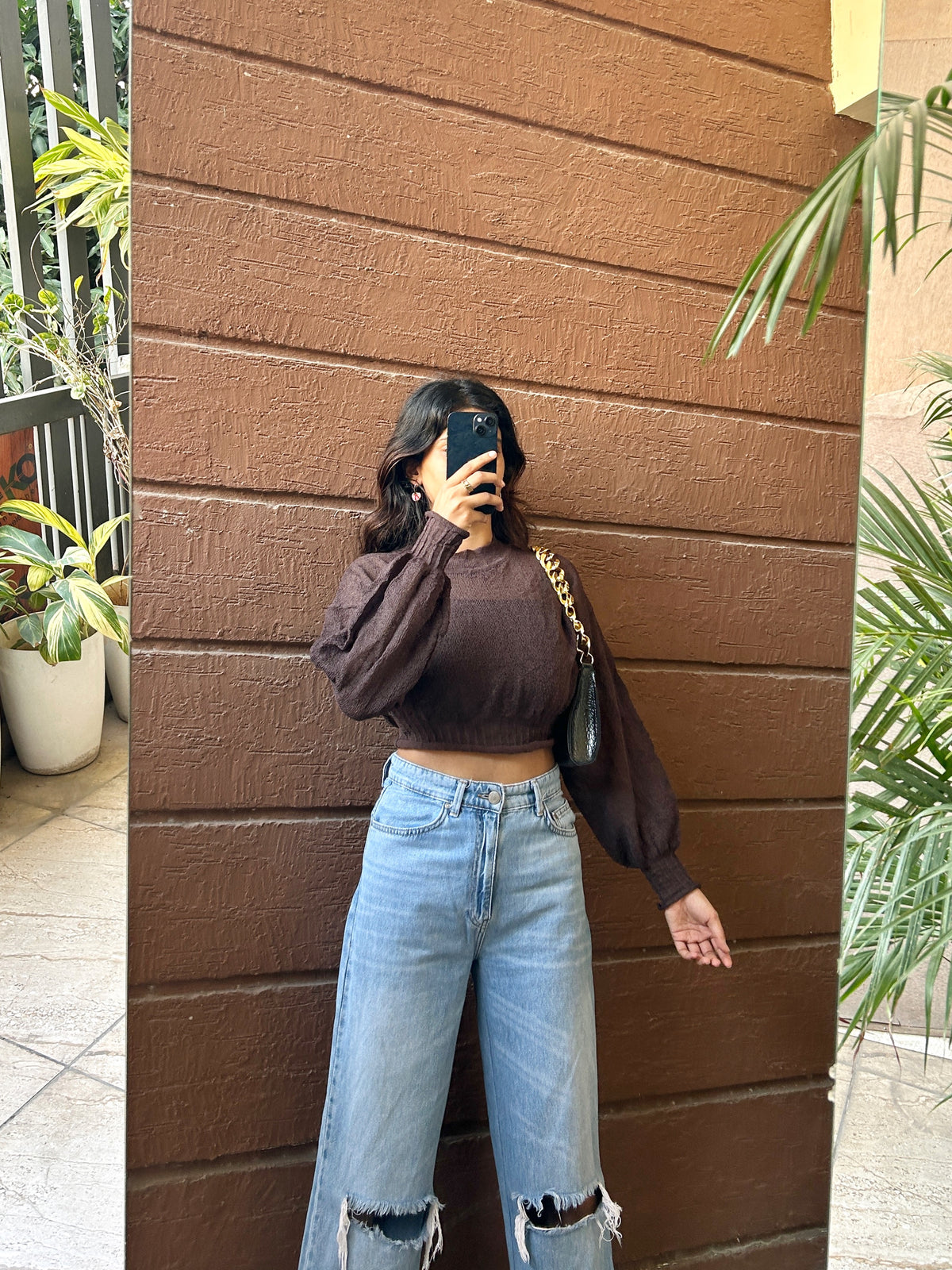 Chocolate brown mesh top
